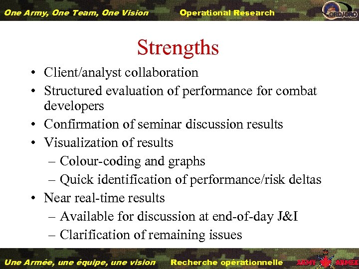 One Army, One Team, One Vision Operational Research Strengths • Client/analyst collaboration • Structured