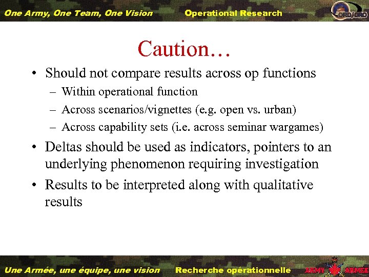 One Army, One Team, One Vision Operational Research Caution… • Should not compare results