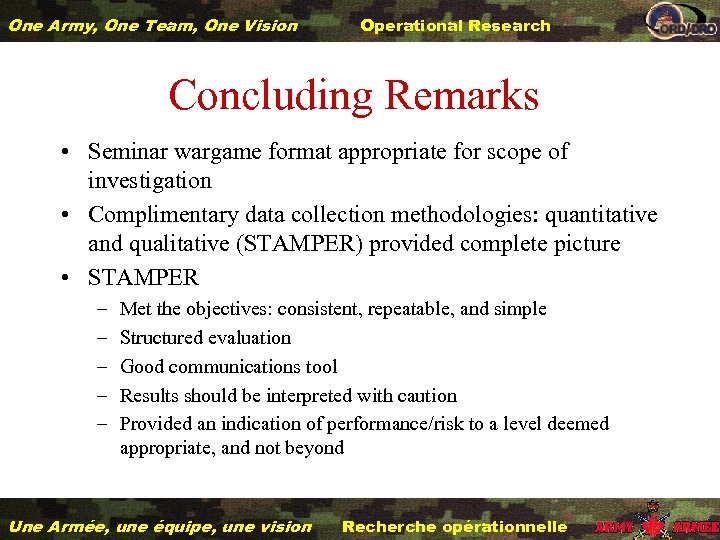 One Army, One Team, One Vision Operational Research Concluding Remarks • Seminar wargame format