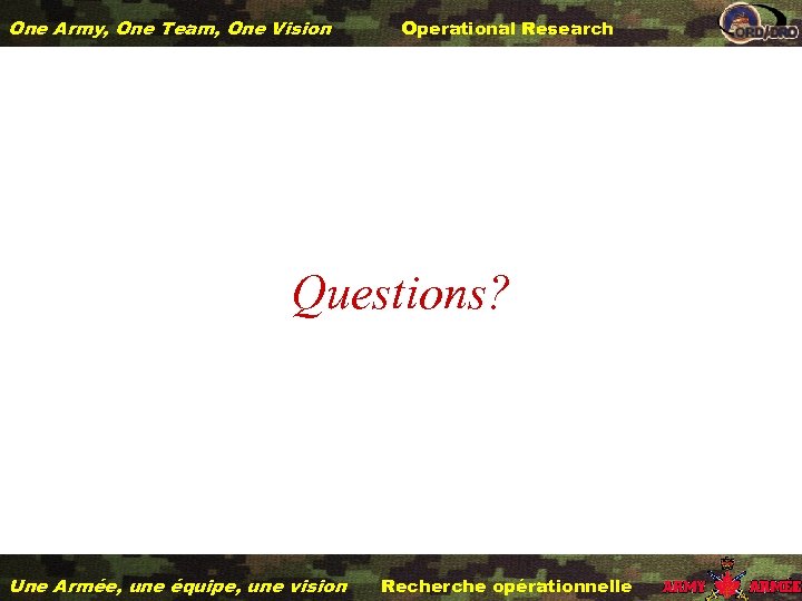 One Army, One Team, One Vision Operational Research Questions? Une Armée, une équipe, une