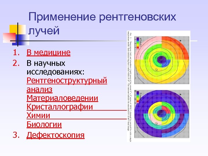 Применение рентгеновских лучей 1. В медицине 2. В научных исследованиях: Рентгеноструктурный анализ Материаловедении Кристаллографии