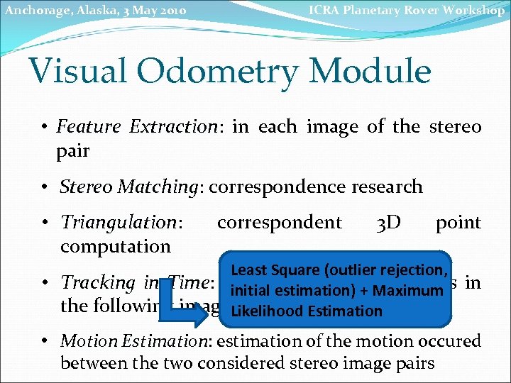 Anchorage, Alaska, 3 May 2010 ICRA Planetary Rover Workshop Visual Odometry Module • Feature