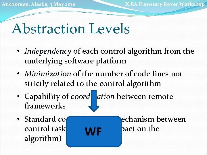 Anchorage, Alaska, 3 May 2010 ICRA Planetary Rover Workshop Abstraction Levels • Independency of