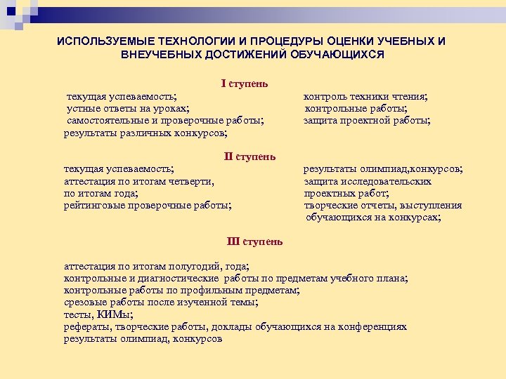 ИСПОЛЬЗУЕМЫЕ ТЕХНОЛОГИИ И ПРОЦЕДУРЫ ОЦЕНКИ УЧЕБНЫХ И ВНЕУЧЕБНЫХ ДОСТИЖЕНИЙ ОБУЧАЮЩИХСЯ I ступень текущая успеваемость;