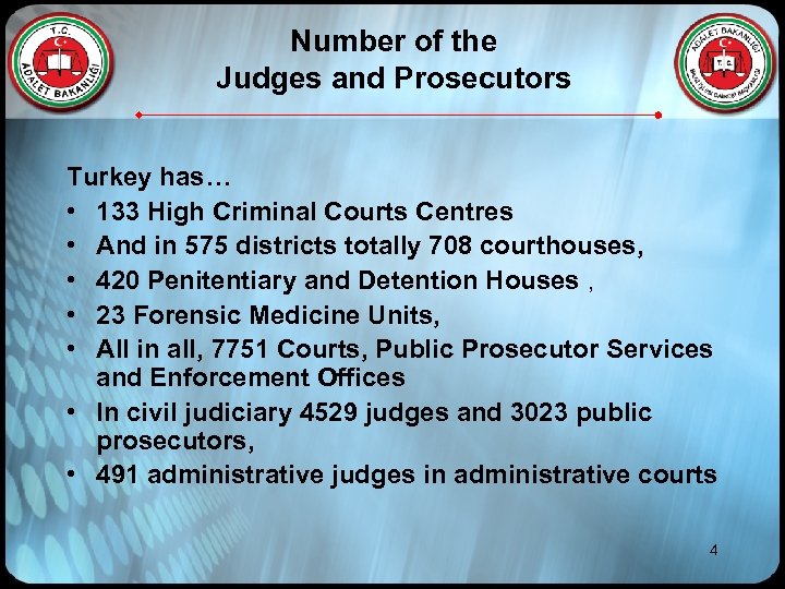 Number of the Judges and Prosecutors Turkey has… • 133 High Criminal Courts Centres
