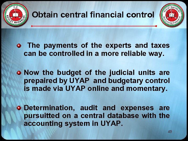Obtain central financial control The payments of the experts and taxes can be controlled