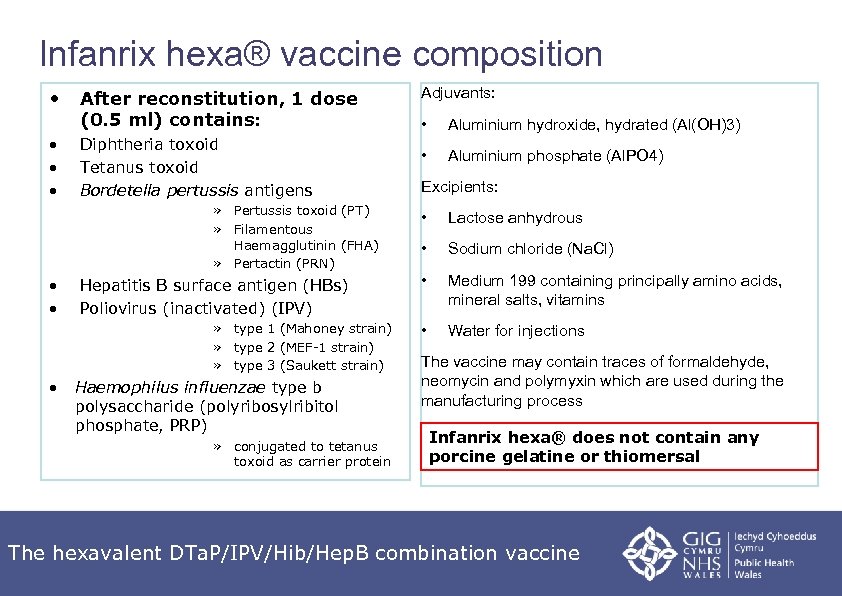 Infanrix hexa® vaccine composition • • After reconstitution, 1 dose (0. 5 ml) contains: