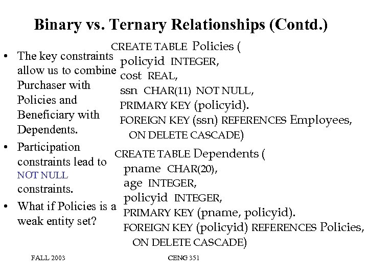 Binary vs. Ternary Relationships (Contd. ) • CREATE TABLE Policies ( The key constraints