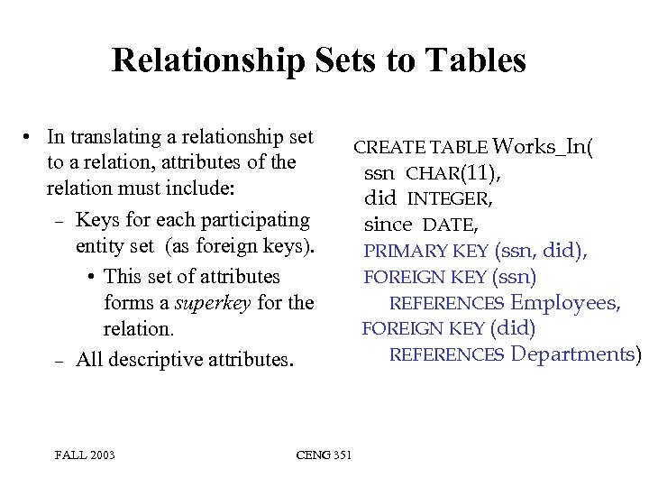 Relationship Sets to Tables • In translating a relationship set to a relation, attributes