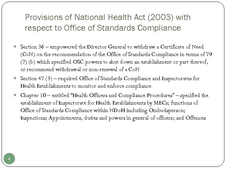 Provisions of National Health Act (2003) with respect to Office of Standards Compliance Section