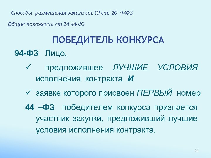 Способы размещения заказа ст. 10 ст. 20 94 ФЗ Общие положения ст 24 44