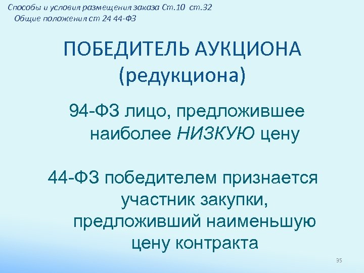 Способы и условия размещения заказа Ст. 10 ст. 32 Общие положения ст 24 44