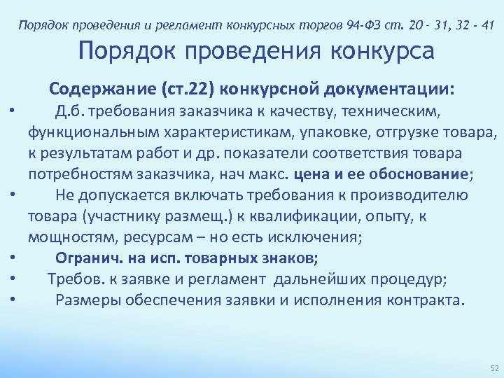 Порядок проведения и регламент конкурсных торгов 94 -ФЗ ст. 20 – 31, 32 -
