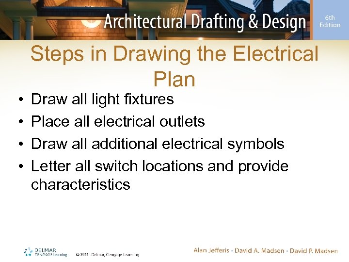  • • Steps in Drawing the Electrical Plan Draw all light fixtures Place