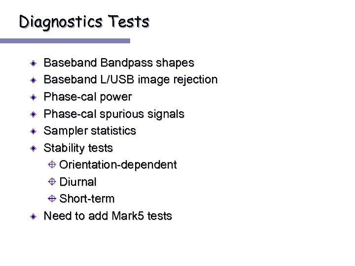 Diagnostics Tests Baseband Bandpass shapes Baseband L/USB image rejection Phase-cal power Phase-cal spurious signals