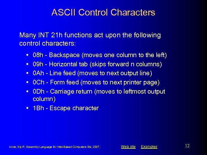 ASCII Control Characters Many INT 21 h functions act upon the following control characters: