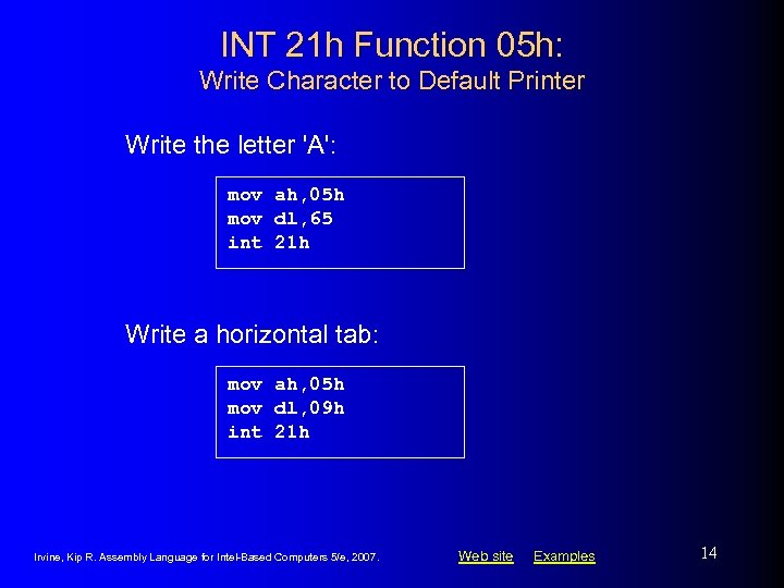 INT 21 h Function 05 h: Write Character to Default Printer Write the letter