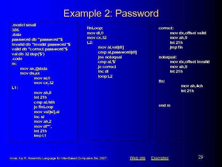 Example 2: Password. model small 386. . data password db "password"$ invalid db "invalid