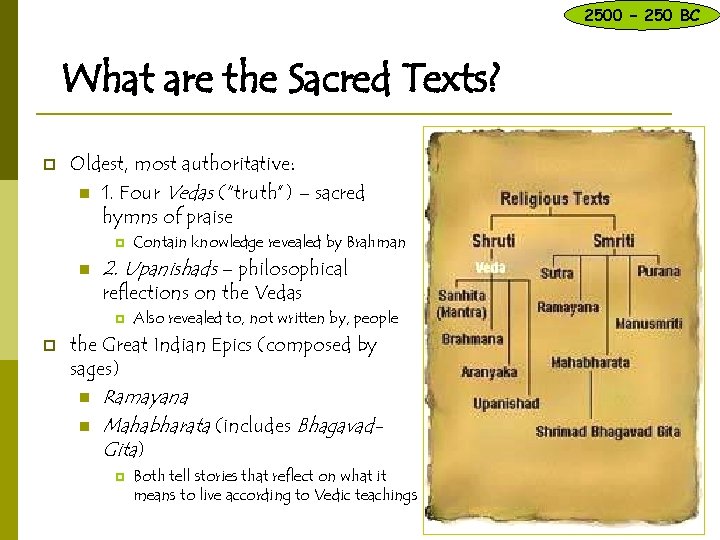 2500 – 250 BC What are the Sacred Texts? p Oldest, most authoritative: n