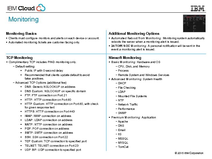 Monitoring Basics Additional Monitoring Options § Clients must configure monitors and alerts on each