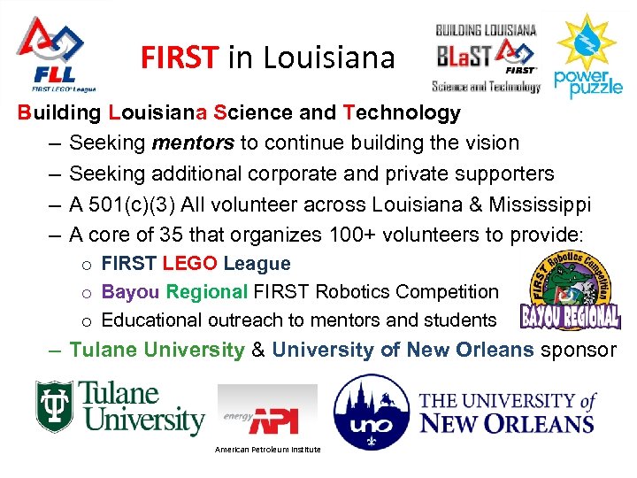 FIRST in Louisiana Building Louisiana Science and Technology – Seeking mentors to continue building