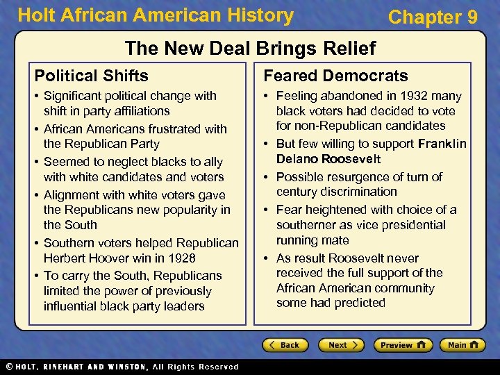 Holt African American History Chapter 9 The New Deal Brings Relief Political Shifts Feared