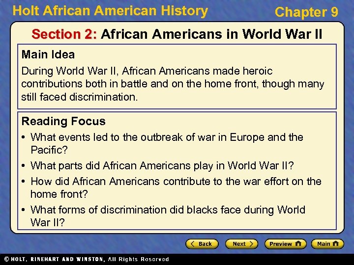 Holt African American History Chapter 9 Section 2: African Americans in World War II