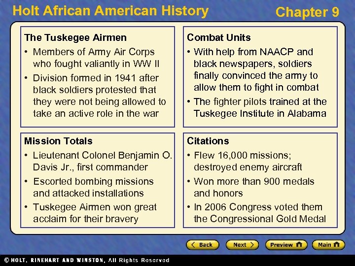 Holt African American History Chapter 9 The Tuskegee Airmen • Members of Army Air