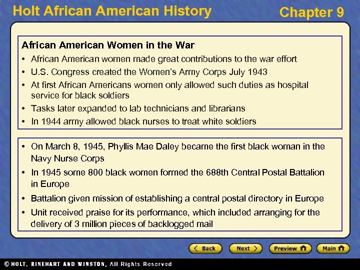 Holt African American History Chapter 9 African American Women in the War • African