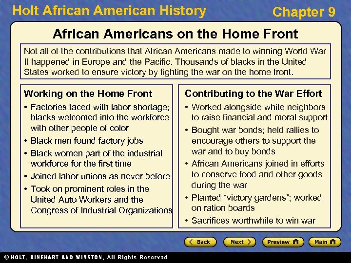 Holt African American History Chapter 9 African Americans on the Home Front Not all