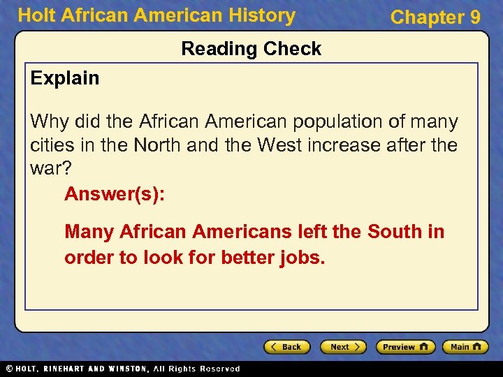 Holt African American History Chapter 9 Reading Check Explain Why did the African American