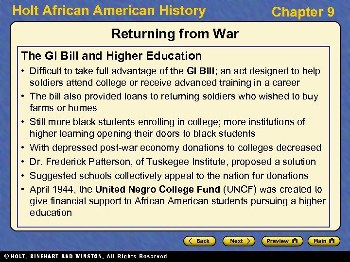 Holt African American History Chapter 9 Returning from War The GI Bill and Higher