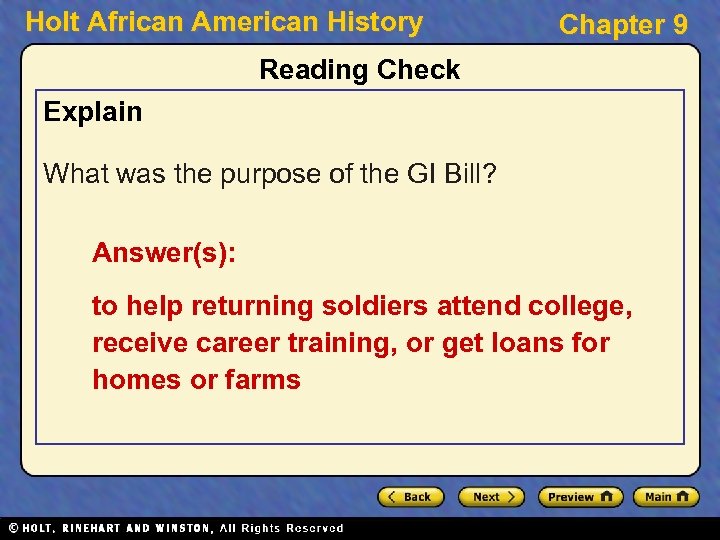 Holt African American History Chapter 9 Reading Check Explain What was the purpose of