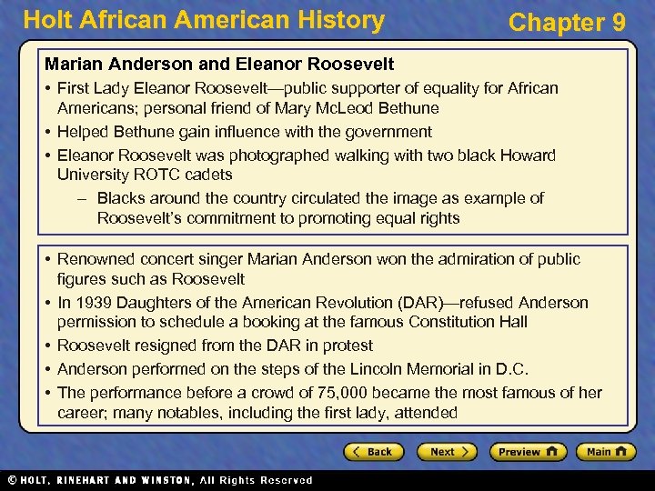 Holt African American History Chapter 9 Marian Anderson and Eleanor Roosevelt • First Lady