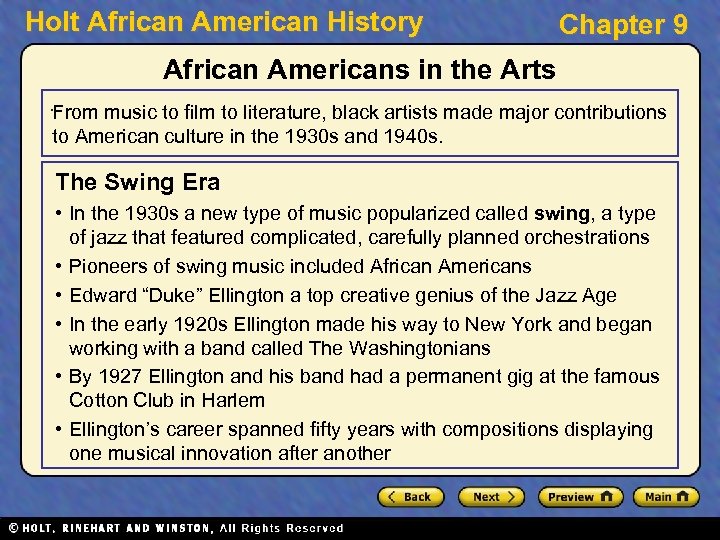 Holt African American History Chapter 9 African Americans in the Arts. From music to