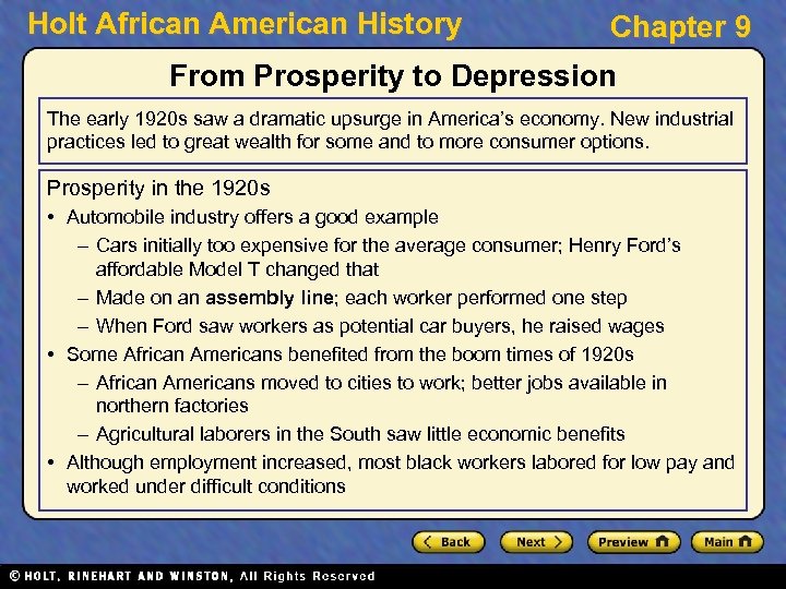 Holt African American History Chapter 9 From Prosperity to Depression The early 1920 s