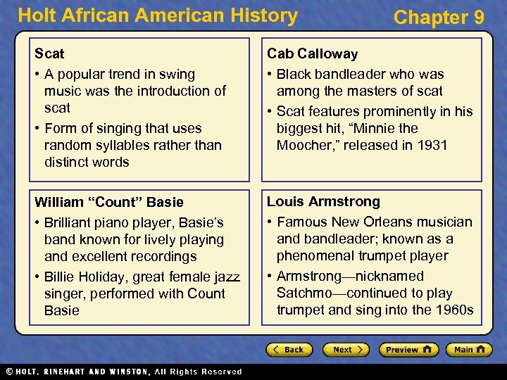 Holt African American History Chapter 9 Scat • A popular trend in swing music