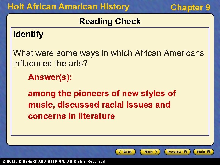 Holt African American History Chapter 9 Reading Check Identify What were some ways in