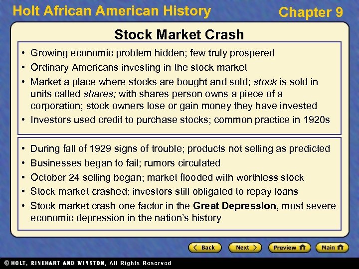 Holt African American History Chapter 9 Stock Market Crash • Growing economic problem hidden;