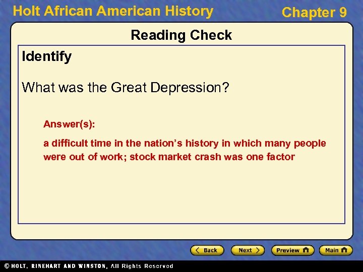 Holt African American History Chapter 9 Reading Check Identify What was the Great Depression?