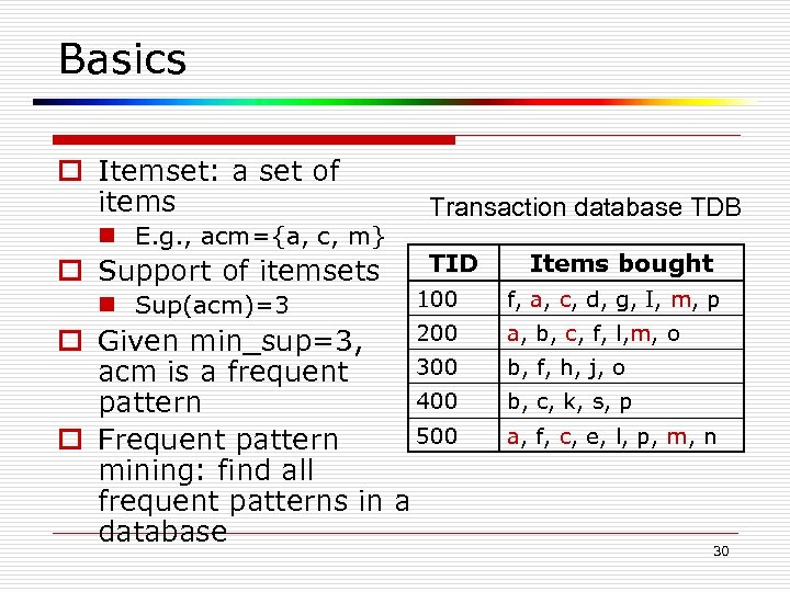 Basics o Itemset: a set of items n E. g. , acm={a, c, m}