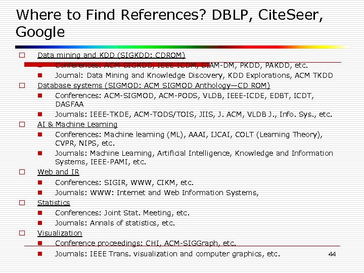 Where to Find References? DBLP, Cite. Seer, Google o o o Data mining and