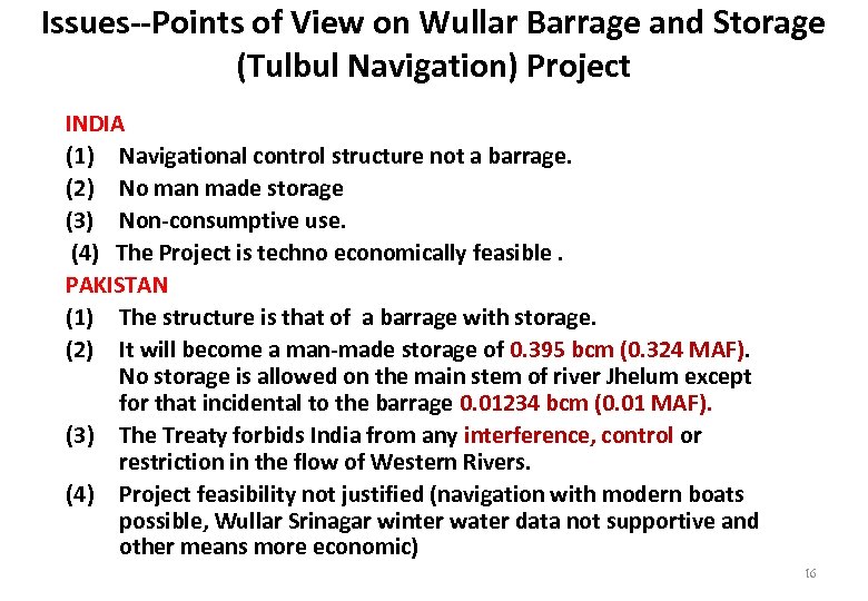 Issues--Points of View on Wullar Barrage and Storage (Tulbul Navigation) Project INDIA (1) Navigational