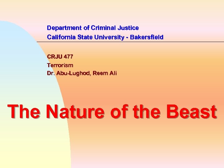 Department of Criminal Justice California State University - Bakersfield CRJU 477 Terrorism Dr. Abu-Lughod,