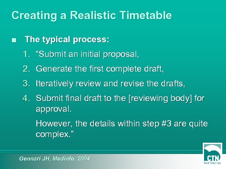 Creating a Realistic Timetable ■ The typical process: 1. “Submit an initial proposal, 2.