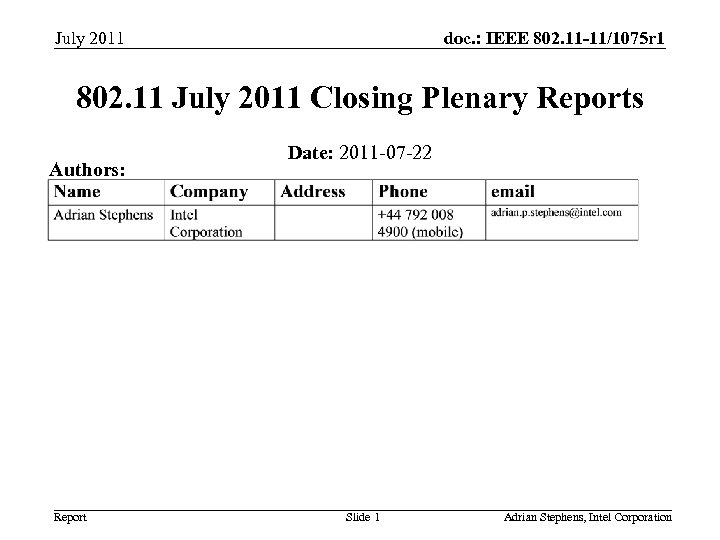 July 2011 doc. : IEEE 802. 11 -11/1075 r 1 802. 11 July 2011