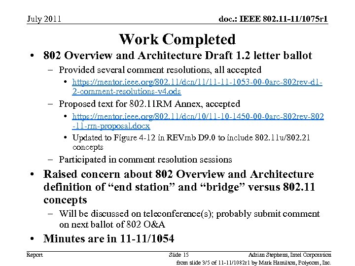 July 2011 doc. : IEEE 802. 11 -11/1075 r 1 Work Completed • 802