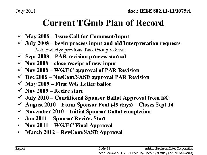 July 2011 doc. : IEEE 802. 11 -11/1075 r 1 Current TGmb Plan of