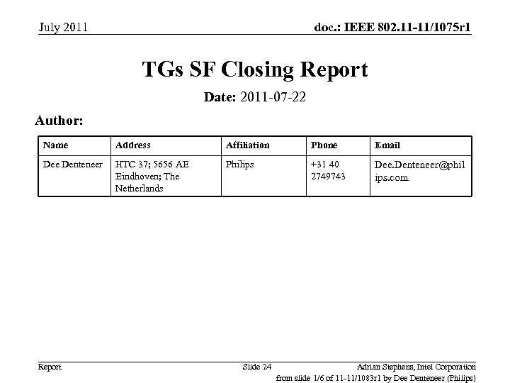 July 2011 doc. : IEEE 802. 11 -11/1075 r 1 TGs SF Closing Report