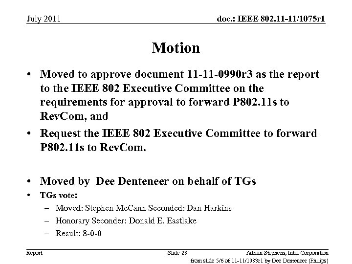 July 2011 doc. : IEEE 802. 11 -11/1075 r 1 Motion • Moved to